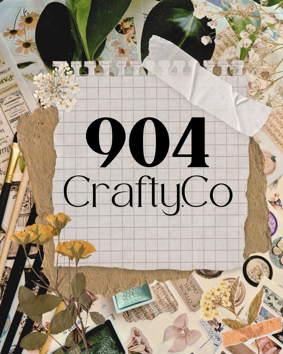 904 CraftyCo branded collage: the studio name on grid paper taped over a flat-lay of pressed flowers, botanicals, vintage newspaper clippings, paintbrushes, and craft materials