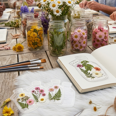 Rustic table with jars of colorful dried flowers, paintbrushes, and a pressed flower journal